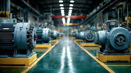 Rows of new electric motors standing on pallets in a modern industrial factory. Waiting for shipping...