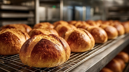 Golden brown loaves of bread cooling on a wire rack in a bakery, exuding the delightful aroma of freshly baked goods and highlighting the artisan craftsmanship involved in bakingの写真素材