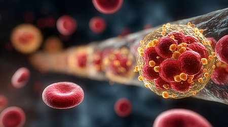Microscopic view revealing virus cells infecting red blood cells within a human vein or artery,...
