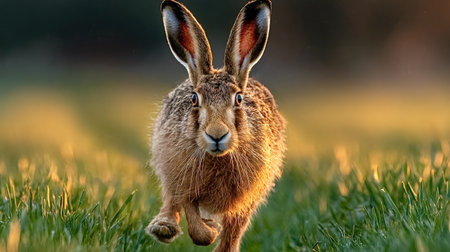 European hare running swiftly across lush grass at sunset, showing the beauty of a vibrant natural environment filled with warm light and tranquil sceneryの写真素材