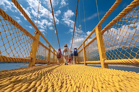 Tourists enjoying a sunny day stroll across a vibrant rope suspension bridge, featuring bright...