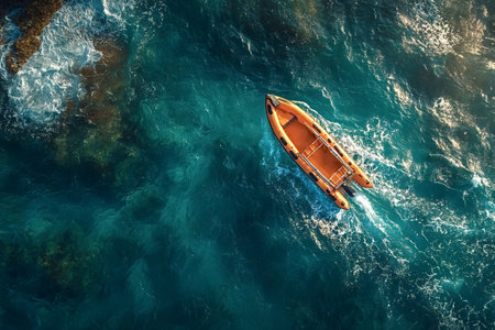 Aerial view capturing an orange inflatable motor boat gliding over a deep blue ocean, surrounded by nearby reefs, creating a stunning scene of summer adventure and explorationの写真素材