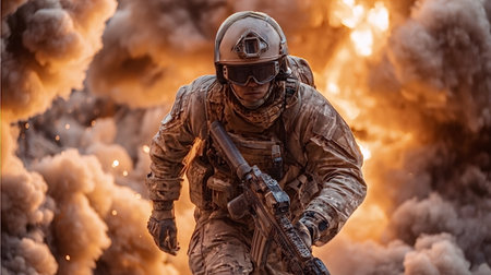 Soldier runs through smoke and explosions while carrying a rifle during a military operation, demonstrating the intensity and danger of combat situationsの素材
