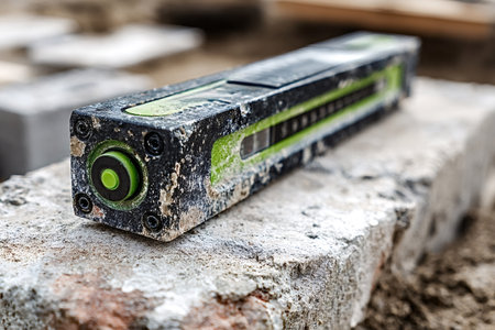 Dirty spirit level sits on a concrete block at a construction site, showing signs of heavy use and embodying the hard work of building and precisionの素材