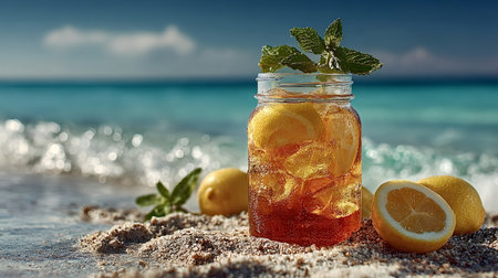 Glass jar filled with refreshing iced tea, garnished with lemon slices and mint, resting on a sandy beach, with a backdrop of a turquoise sea and gentle waves, creating a perfect summer escapeの素材