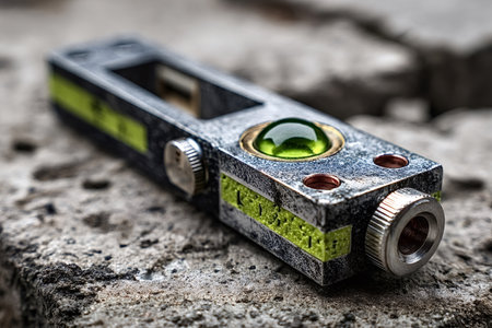 Small spirit level sits on a concrete surface, its green indicator bubble perfectly centered, signifying a level condition, ready for construction or diy projectsの素材