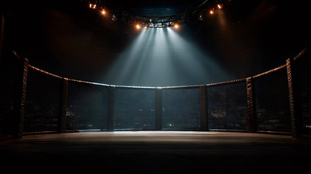 Spotlights illuminating an empty fighting ring within a dark arena, creating a palpable atmosphere...