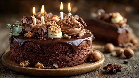 Chocolate birthday cake with burning candles is waiting for the celebration, decorated with...
