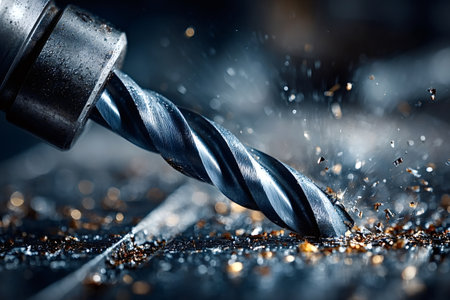 Close up view of a drill bit piercing through a metal surface, generating sparks and splashing...
