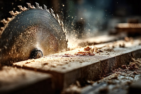 Circular saw cutting through a wood plank sends sawdust swirling into the air within a bustling...