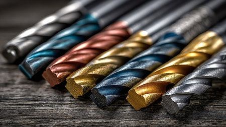 Several drill bits showcasing various metallic colors and textures are neatly arranged on a...