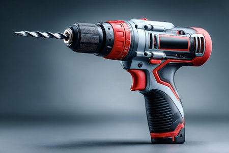Red and gray cordless drill with drill bit attached, resting on a gray background, representing...