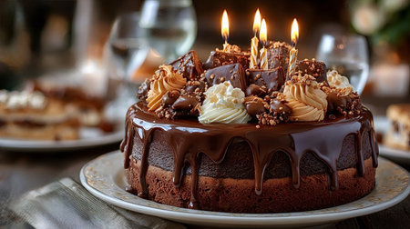 Four lit candles illuminating a rich chocolate birthday cake, adorned with chocolate shavings,...