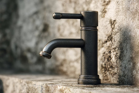 Close up of a stylish black faucet with a textured finish, mounted on a stone sink against a rustic...