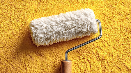 Clean paint roller applying a fresh coat of vibrant yellow paint to a textured wall, creating a...