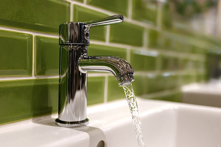 Stream of fresh water running from a modern chrome faucet into a white sink, against a backdrop of vibrant green subway tiles, creating a clean and refreshing bathroom or kitchen sceneの素材