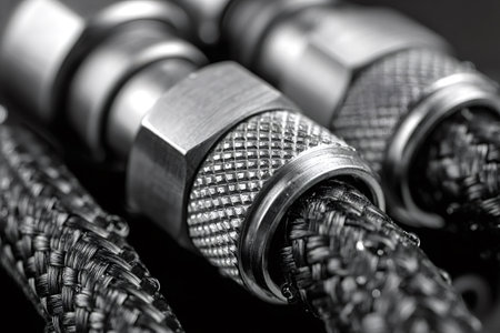 Close up of metal connectors joining shielded cables, ensuring a robust and secure connection for transmitting data or power, highlighting precision engineering and industrial designの素材
