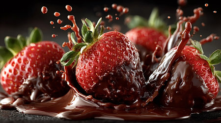 Juicy red strawberries splashing into glossy dark chocolate, capturing decadent dessert indulgence and sensual, gourmet fruit moment in a close up studio shotの素材