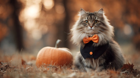 Fluffy long haired cat wearing an orange bow tie and black costume, sitting next to a pumpkin on autumn leaves in a fall outdoor setting, ready for Halloween festivitiesの素材