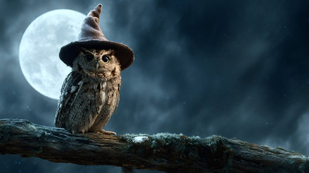 Owl in a pointed wizard hat perched on a mossy branch, watching a glowing full moon and twinkling stars through cloudy night sky, evoking magic and mystery in the woodsの素材