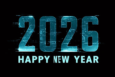 2026 digits and happy new year in glitchy cyan blue digital distortion, futuristic tech overlay on...