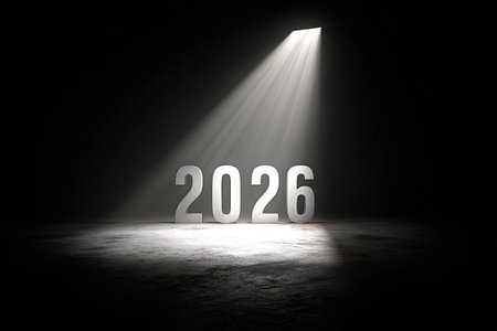 Numbers 2026 standing on a dark, textured floor, dramatically illuminated by a spotlight shining...