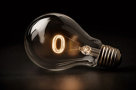 Illuminated light bulb on a dark background showing a glowing filament abstractly forming the number...