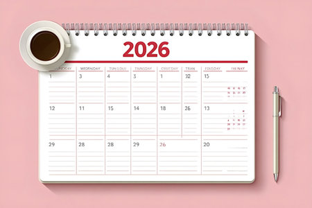 Spiral bound 2026 desk calendar on a pink background, featuring a cup of coffee and a pen,...