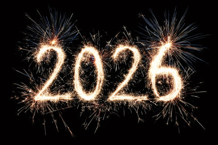 Sparklers trace glowing golden 2026 against a black night background, festive new year celebration concept conveying joy, countdown, party sparkles and bright holiday optimismの写真素材