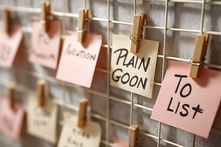 Planning and scheduling on a grid board with handwritten notes and clothespins holding sticky...