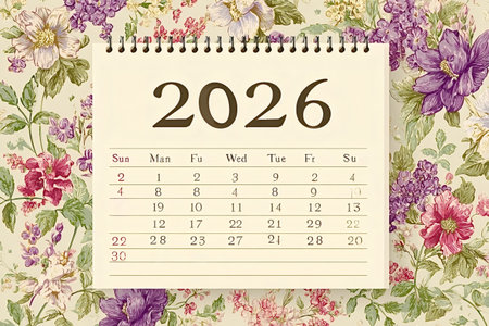 Spiral bound 2026 calendar displaying monthly dates, sitting on a colorful vintage floral pattern background with blooming flowers, representing time management and future planningの写真素材