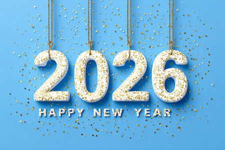 Glittering white 2026 numbers with gold confetti on a blue background creating a festive atmosphere...