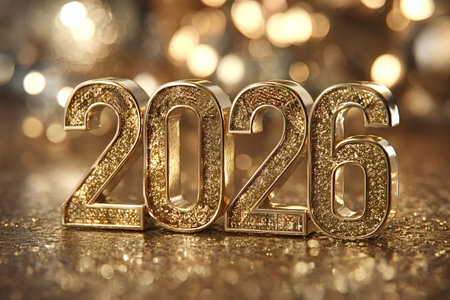 Golden glittering 2026 numbers standing on a reflective surface against a festive background of...