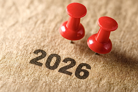 Close up view showing red pushpins marking the year 2026 on a textured paper surface, representing...
