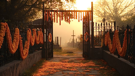 Marigolds are adorning a wrought iron cemetery gate and path, creating a vibrant entryway to a peaceful graveyard at sunrise during the traditional day of the dead celebration in mexicoの写真素材