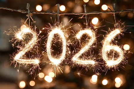 Sparkling 2026 numbers illuminating the dark background, hanging on a wire with clothespins,...