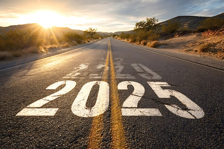 Open desert road with 2025 painted on its asphalt, stretching into the horizon towards a bright sunset, symbolizing future direction and new beginningsの写真素材