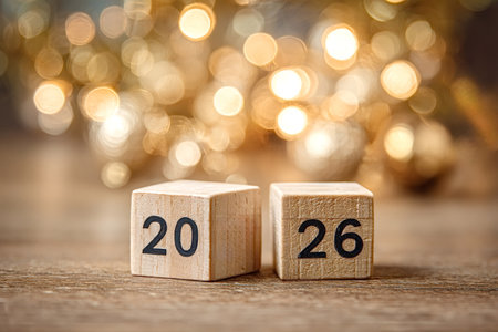 Wooden blocks displaying the year 2026 on a rustic wooden surface, symbolizing the arrival of a new...