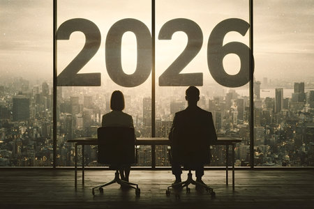 Business people sitting in a modern office, looking out at the city skyline with large 2026 numbers on the window, strategizing for future growth and corporate visionの写真素材