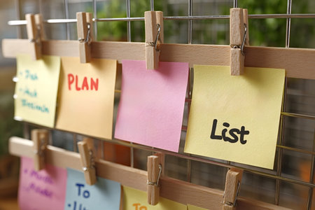 Collection of colorful sticky notes, some featuring words like plan and list, held by wooden...