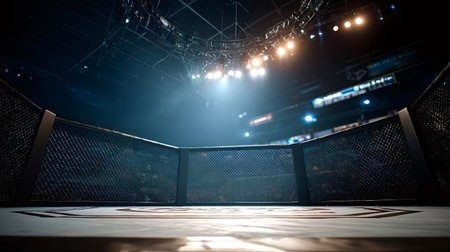Empty mixed martial arts octagon cage standing under bright stadium spotlights, setting a dramatic...