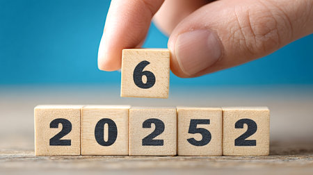 Hand placing a wooden block with the number six, completing the year 2026, symbolizing future...
