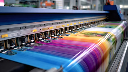 Industrial inkjet plotter printing a large format advertisement poster with vibrant colors and high...