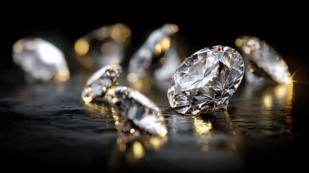 Brilliant cut diamonds displaying their facets and sparkling reflections, laying on a dark, reflective surface, symbolizing luxury, wealth, and precious beautyの写真素材