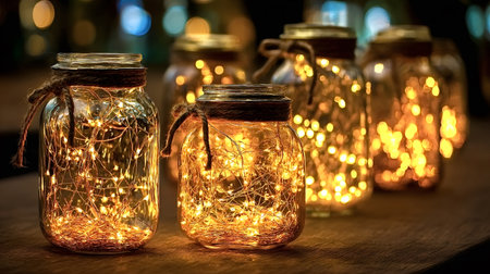 Glass jars filled with glowing warm fairy lights stand on a wooden surface, creating a cozy,...