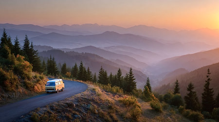 Van traveling on a curving road through a mountainous landscape, experiencing the warm, colorful...