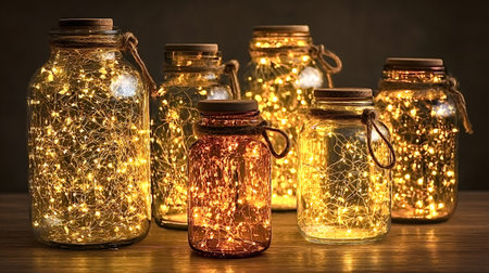 Glass jars filled with warm glowing fairy string lights, casting a cozy golden glow and soft bokeh...