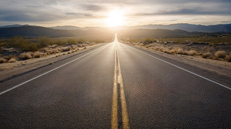 Empty long asphalt road traversing arid desert landscape towards a bright sun setting on the...