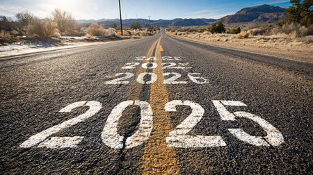 Open road stretching into the desert landscape shows white stenciled years 2025, 2026, 2027, and...