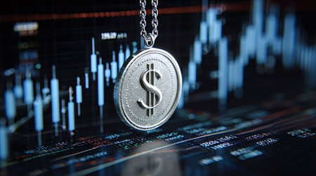 Dollar coin pendant reflecting financial market charts and investment data, symbolizing currency...
